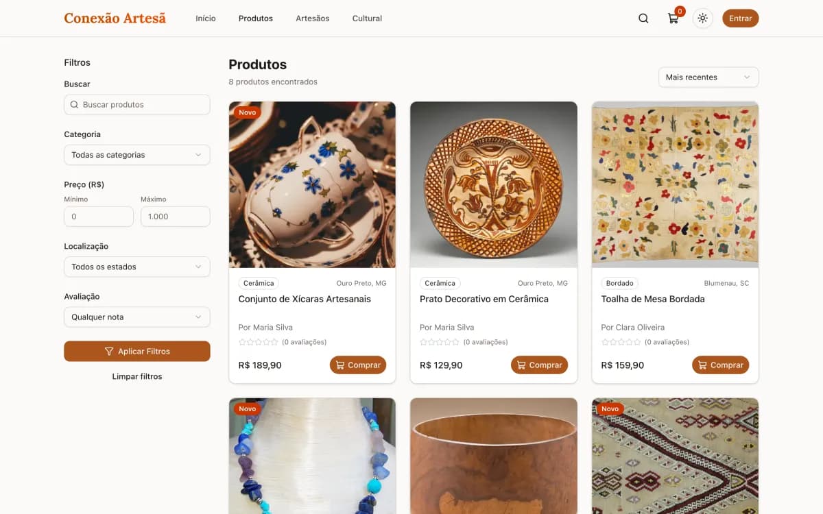 Catálogo da Conexão Artesã com filtros e grade de peças artesanais