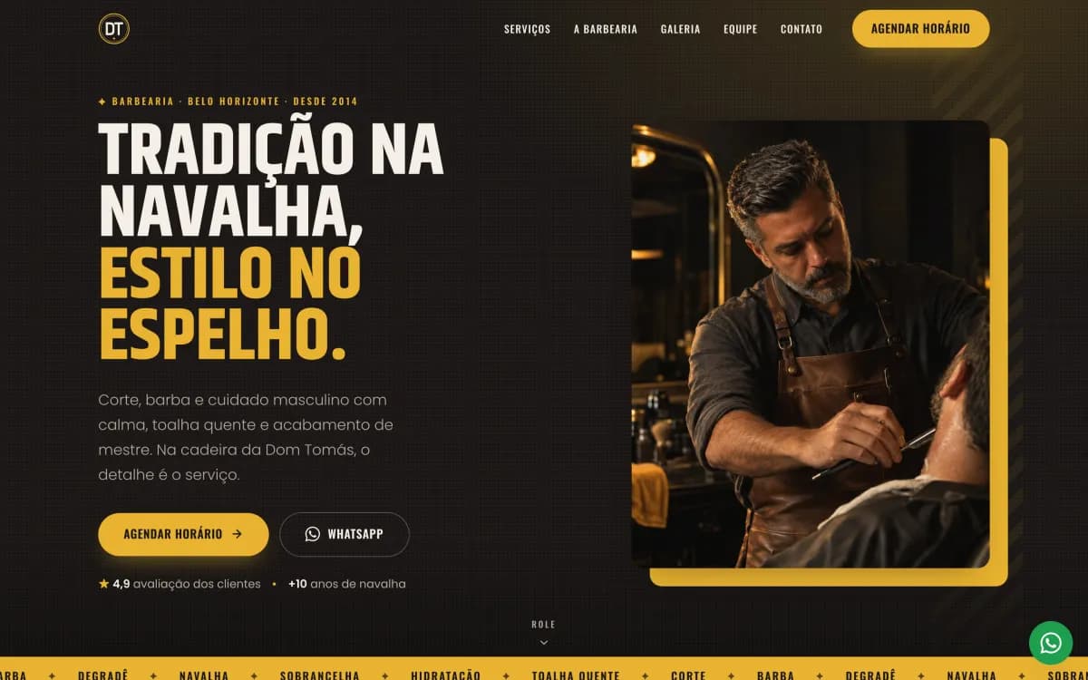 Hero da Dom Tomás Barbearia: tradição na navalha, estilo no espelho
