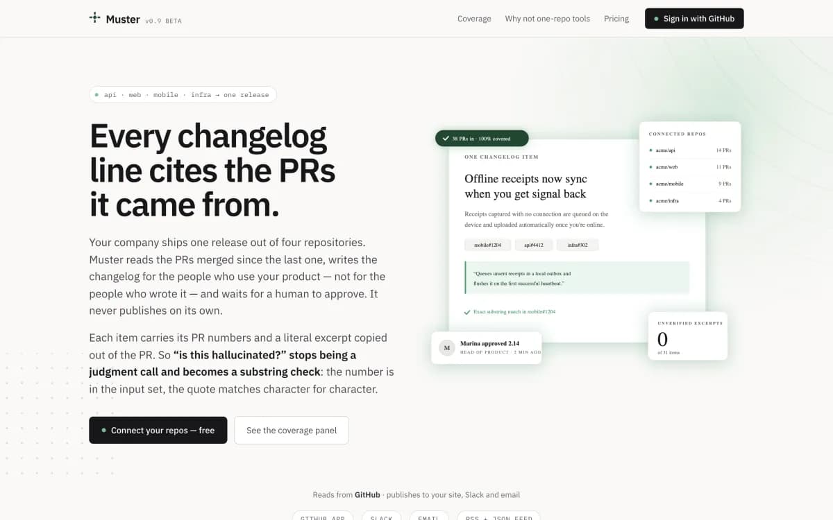 Landing do Muster: every changelog line cites the PRs it came from