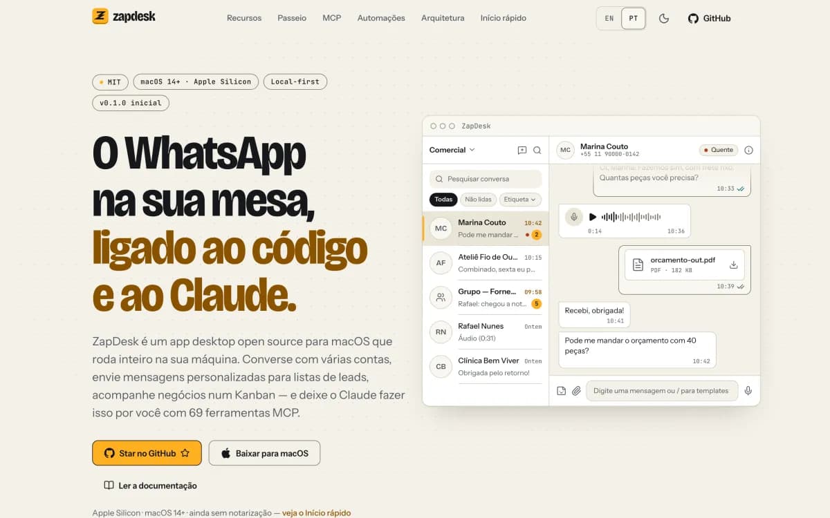 Site do ZapDesk com a janela do app mostrando conversas do WhatsApp